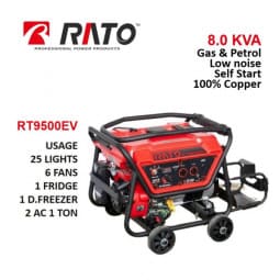 RATO 6.5 kW (8 kVA) Self Start Petrol n Gas Generator - RT9500EV with Battery Frame & Wheels Kit